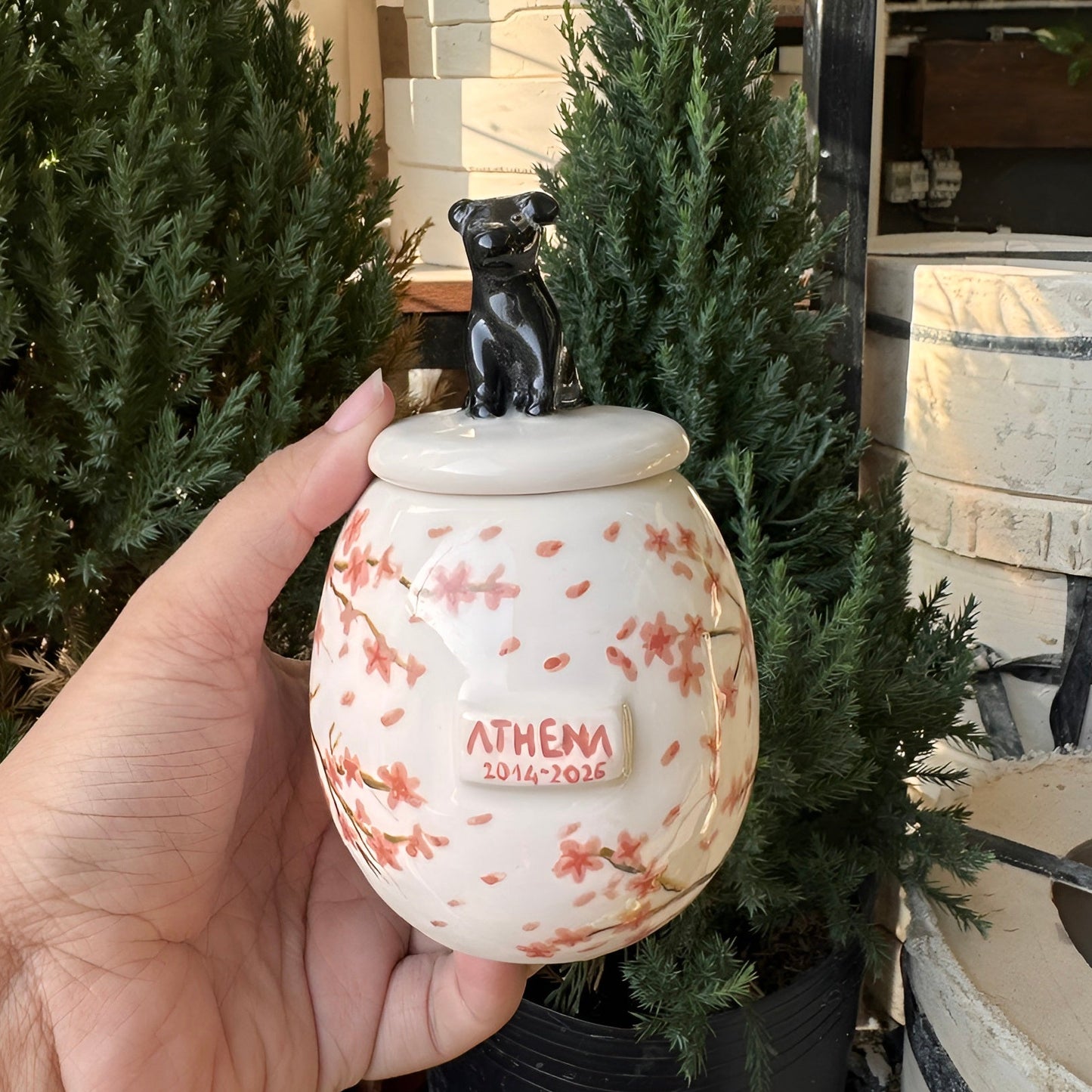 A hand holds a small decorative ceramic jar with a lid, featuring a black cat figurine on top and a white body with red floral patterns and the word 'ATHENS' printed on the front. The background shows a shop interior with shelves, potted plants, and other ceramic items.